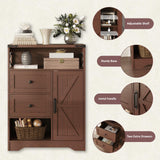 Fameill Farmhouse Storage Cabinet with 2 Drawers&Shelves,Freestanding Storage Cabinet with Doors&Open Storage,Floor Storage Cabinet for Living Room,Bathroom,Kitchen,Laundry,Red Walnut Fameill
