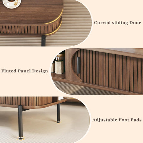 Coffee Table, 39.4" Mid Century Modern Coffee Tables for Living Room, Coffee Table with Storage Open Shelf, Fluted Table with Sliding Cabinet Door, 2-Tier Rustic Wood Desktop, Walnut HUAHUU