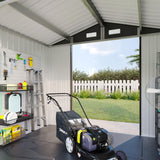 Aoxun 7.4x5.3FT Shed with Floor Galvanized Steel Outdoor Storage Shed Metal Garden Shed with Double Doors, 15mm Moisture-Proof Floor & Ventilation, Sloped Roof for Bike/Generator/Tool Storage (Brown) Aoxun