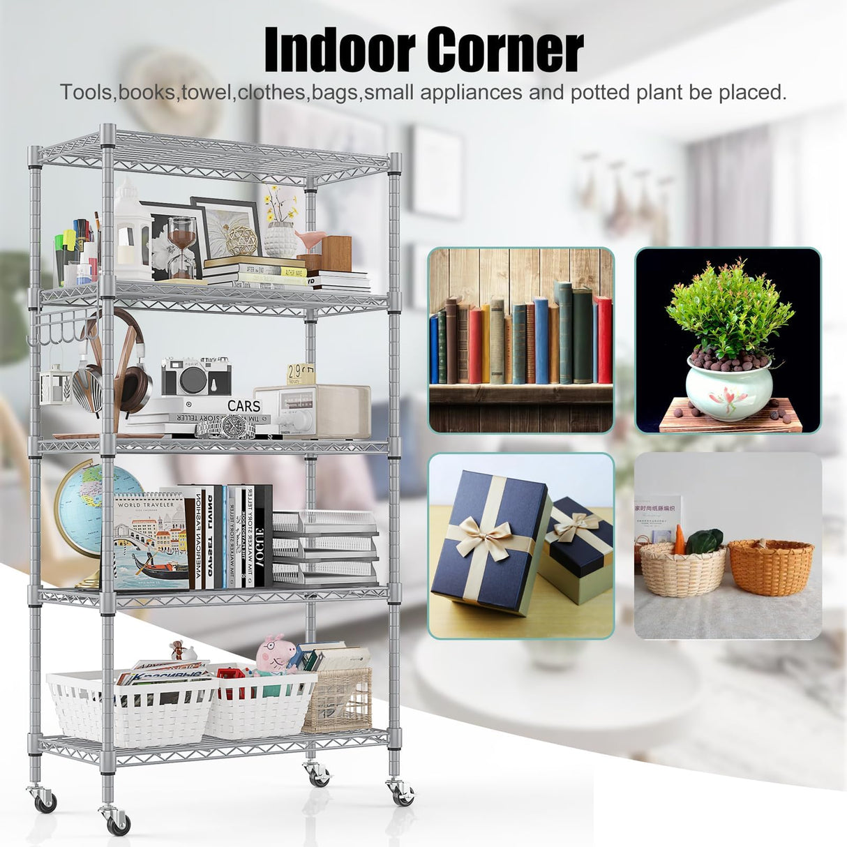 Himimi 5-Tier Storage Shelf Wire Shelving Unit on Wheels, Adjustable Heavy Duty Metal Shelves with Side Hooks, Steel Rack Organization for Kitchen Garage Basement, Silver Himimi