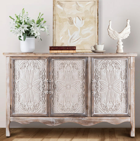 FansaFurn Accent Storage Cabinet with 3 Carved Doors and Shelves, Farmhouse Sideboard Buffet Sideboard with Storage, Wood Kitchen Cabinet for Living Room, Entryway, Dining Room and Kitchen, Wash Grey FansaFurn