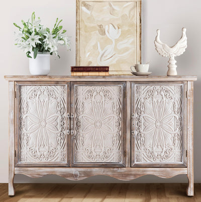 FansaFurn Accent Storage Cabinet with 3 Carved Doors and Shelves, Farmhouse Sideboard Buffet Sideboard with Storage, Wood Kitchen Cabinet for Living Room, Entryway, Dining Room and Kitchen, Wash Grey