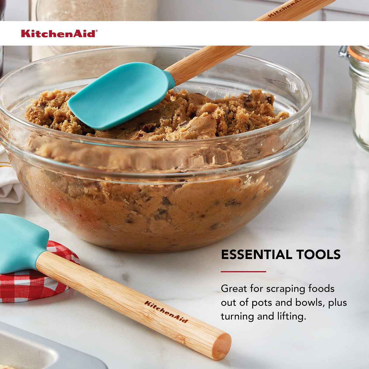 KitchenAid Bamboo Wood Handled Mini Spatula Set with Silicone Head, Set Of 2, Aqua Sky KitchenAid