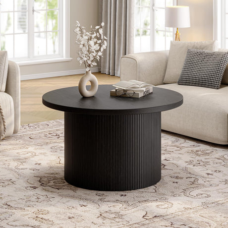 ONBRILL 31.5" Round Coffee Table, Tambour Design Coffee Tables for Living Room, Mid Century Modern Wood Coffee Table, Drum Accent Small Center Table, Black ONBRILL