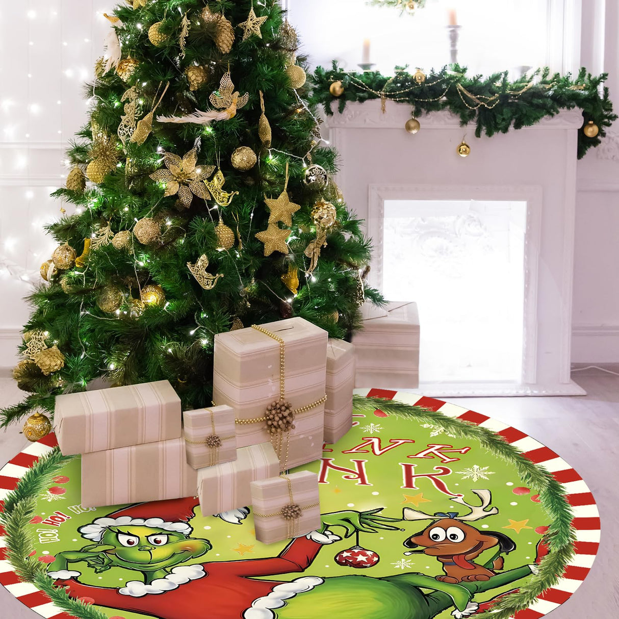48 Inch Christmas Tree Skirt - Soft and Funny Farmhouse Christmas Tree Collar with Red & Green Trim Decor Xmas Holiday Decoration (Style A) Bpwasxda