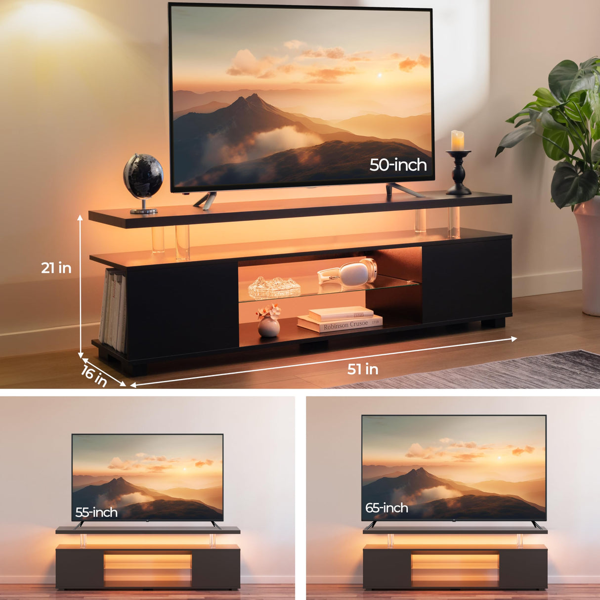 Cubehom Black TV Stand 65 inch,LED TV Stand,Glass Entertainment Center TV Stand, TV Console Tables for Living Room,Bedroom,Home Office Cubehom