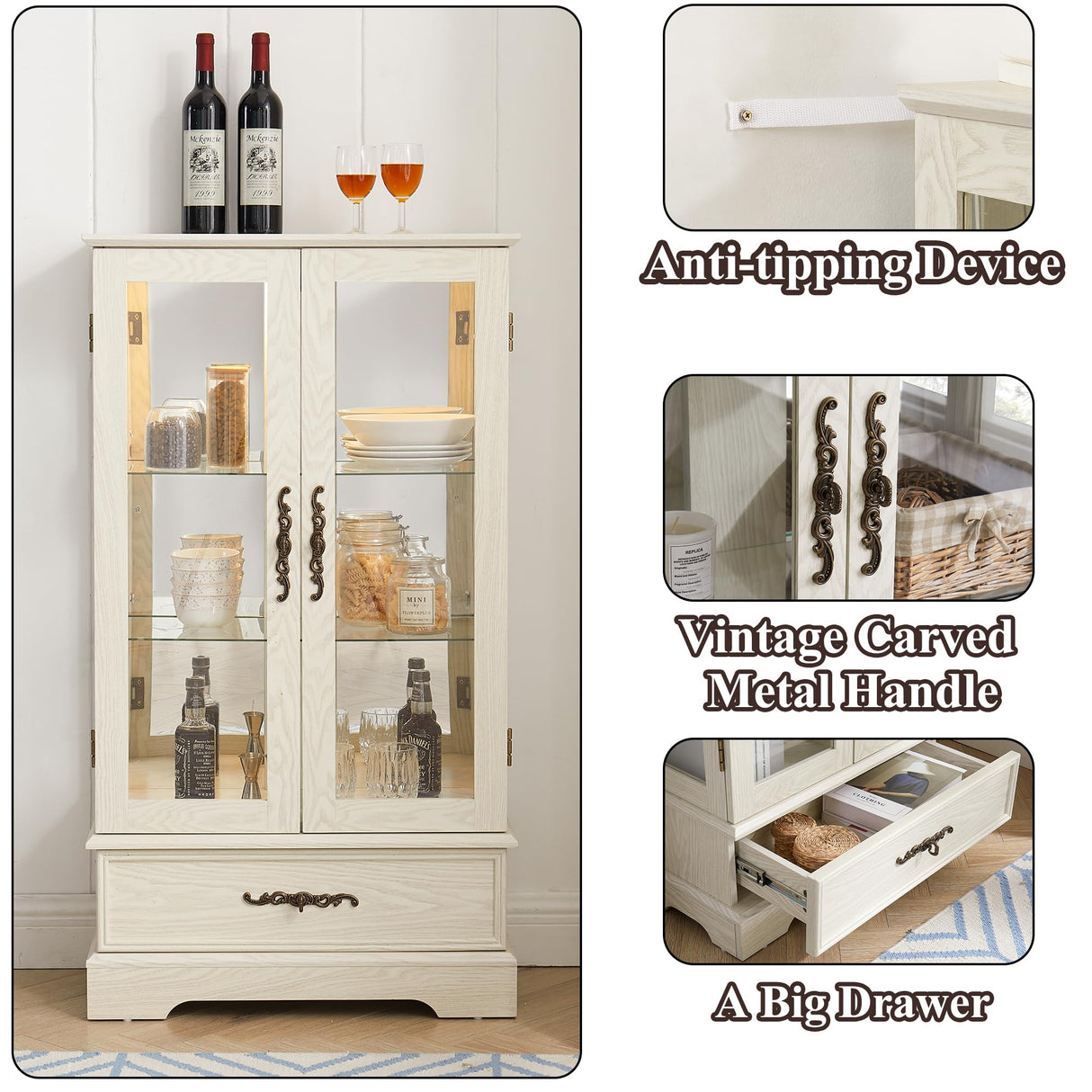 nifoti 47" H Lighted Curio Cabinet Display Case, Glass Cabinet with Adjustable Shelves,Tempered Glass Door and Drawer, Wooden Curio Cabinet with Mirrored Back Pane for Living Room (Antique White) nifoti