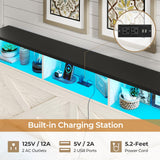 DICTAC Farmhouse Queen Bed Frame with Storage Headboard, Charging Station and LED Lights Queen Size Platform Bed Frame with Storage Ottoman, Metal Slats Support, No Box Spring Needed, Antique White DICTAC