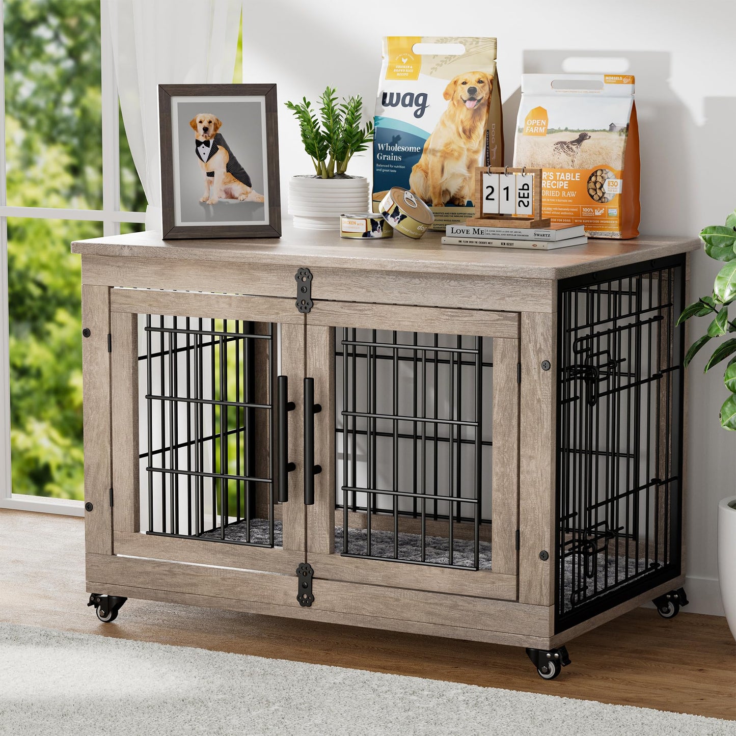 YaFiti Dog Crate Furniture with Cushion, Wooden Dog Kennel with Double Doors, Heavy Duty Dog Cage End Table with Wheels, Dog House Indoor for Small Medium Dogs up to 45 lb, 32.5” L, Grey - WoodArtSupply