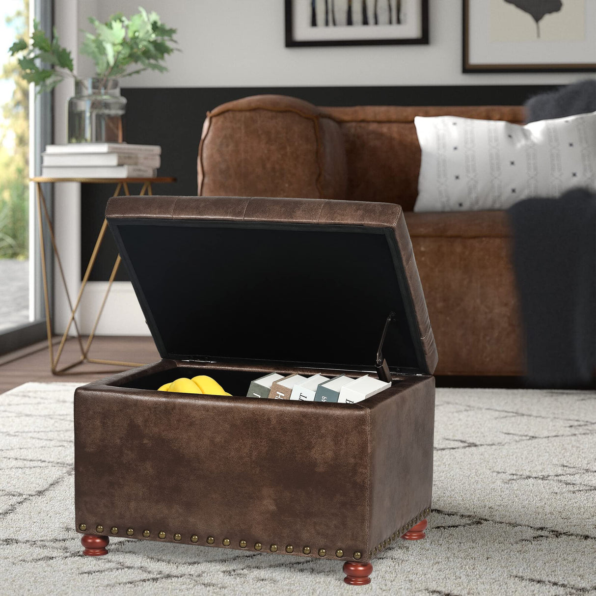 Decent Home 24'' Leather Ottoman with Storage Rectangle Foot Rest Ottomans Stool for Living Room(Brown,Leather Texture) Decent Home