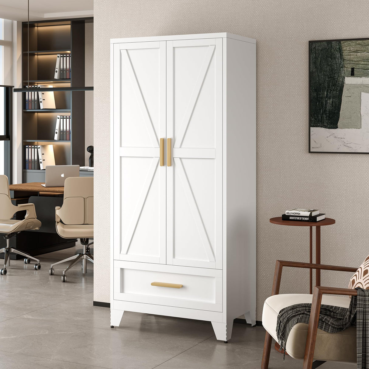 LCAOPC 71" Tall Metal Wardrobe Cabinet with Drawer and Hanging Rod, 2 Doors Armoire Wardrobe Closet with Shelf for Bedroom, Office, Laundry Room, White LCAOPC