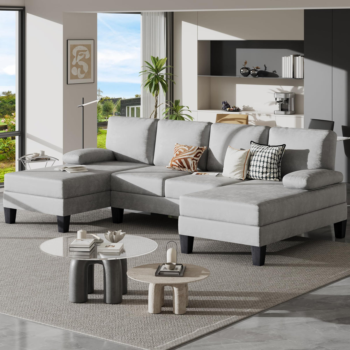 Bezseller 107.3" Sectional Couches for Living Room, U Shaped Modular Sofa Couch with Cushion & Chenille Fabric, 4-Seat Comfy Furniture Sets with Double Chaise for Apartment, Reception Room, Grey Bezseller