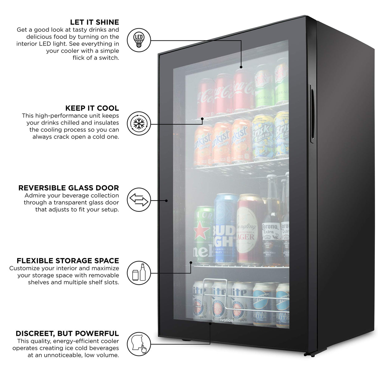 Ivation 126 Can Beverage Refrigerator | Freestanding Ultra Cool Mini Drink Fridge | Beer, Cocktails, Soda, Juice Cooler for Home & Office | Reversible Glass Door & Adjustable Shelving - Black Ivation