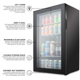 Ivation 126 Can Beverage Refrigerator | Freestanding Ultra Cool Mini Drink Fridge | Beer, Cocktails, Soda, Juice Cooler for Home & Office | Reversible Glass Door & Adjustable Shelving - Black Ivation