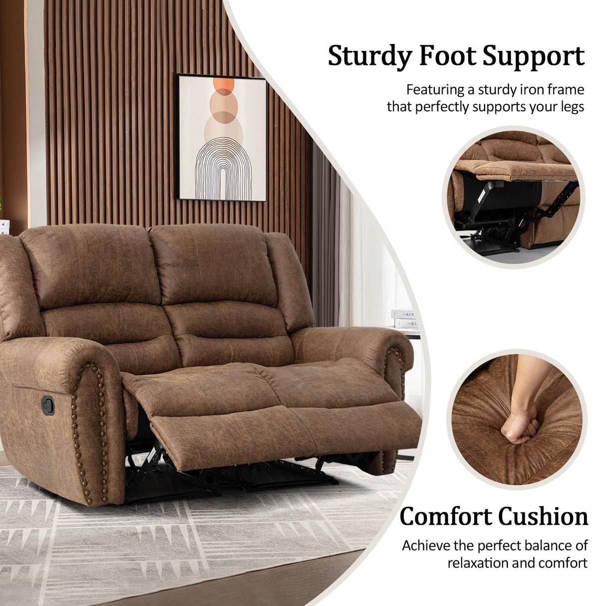 CANMOV Faux Leather Manual Loveseat Recliner, 2 Seat Reclining Chair, Overstuffed Comfortable Arms and Back Recliner Chair, Couch Set for Living Room, Bedroom Furniture, Office,Nut Brown CANMOV