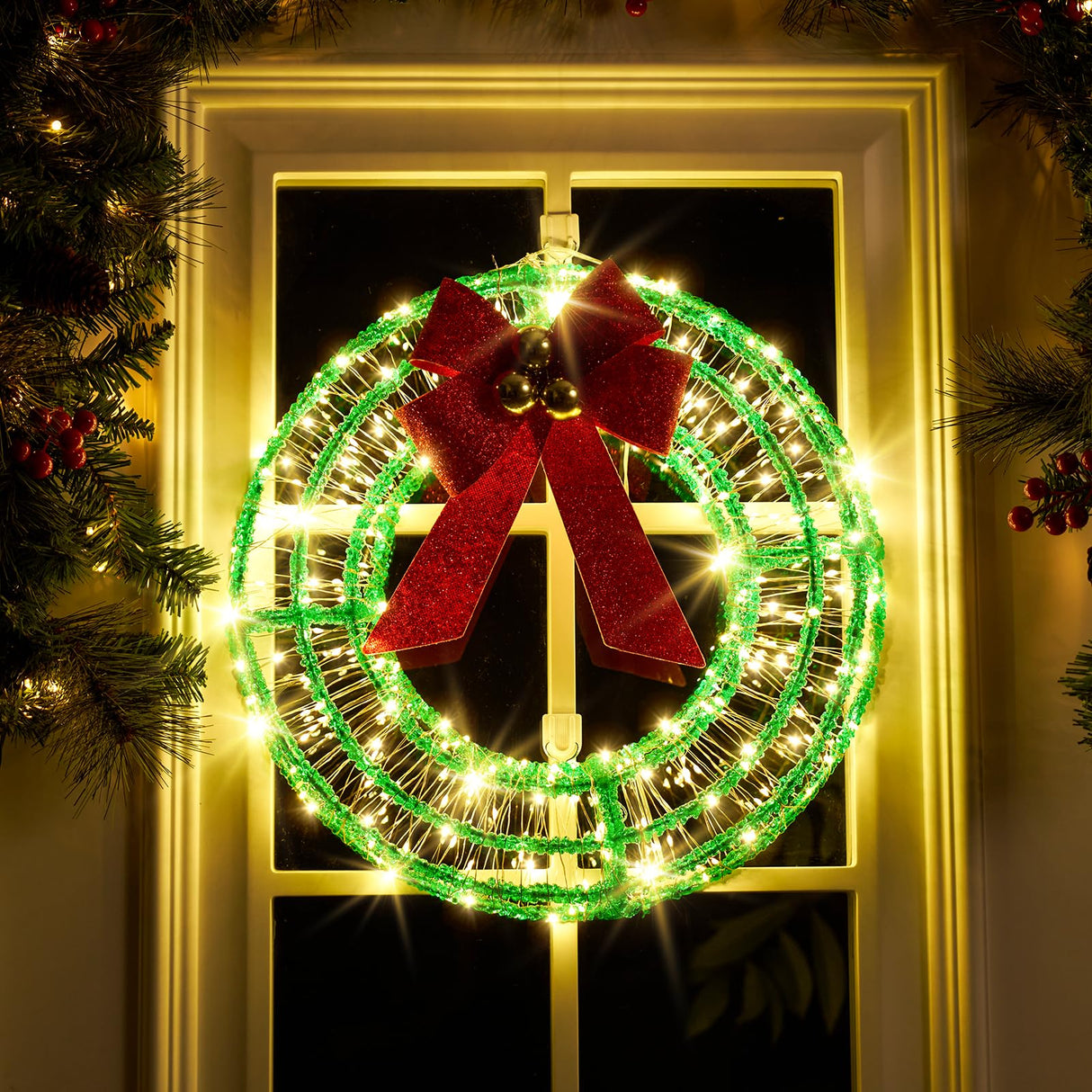 16 Inches Christmas Acrylic Wreath with Twinkle Lights, 320 LED Warm White Fairy Lights,Christmas Lighted Werath Timer/Waterproof with Red Bow for Christmas Party Wall Decoration IJG