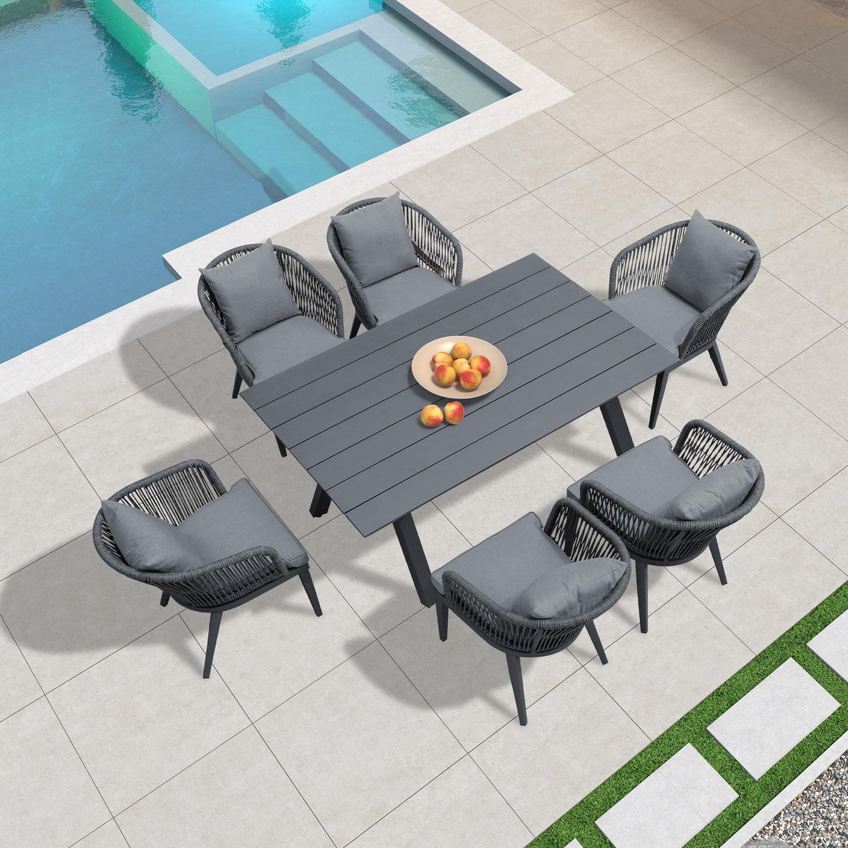 PURPLE LEAF 7 Pieces Patio Dining Set Wicker Outdoor Furniture Rectangular Table and Chairs Set for Garden Deck Aluminum Frame Backyard Kitchen Set, Cushions and Pillows Included Grey PURPLE LEAF