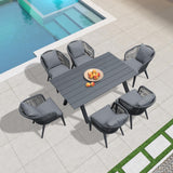 PURPLE LEAF 7 Pieces Patio Dining Set Wicker Outdoor Furniture Rectangular Table and Chairs Set for Garden Deck Aluminum Frame Backyard Kitchen Set, Cushions and Pillows Included Grey PURPLE LEAF