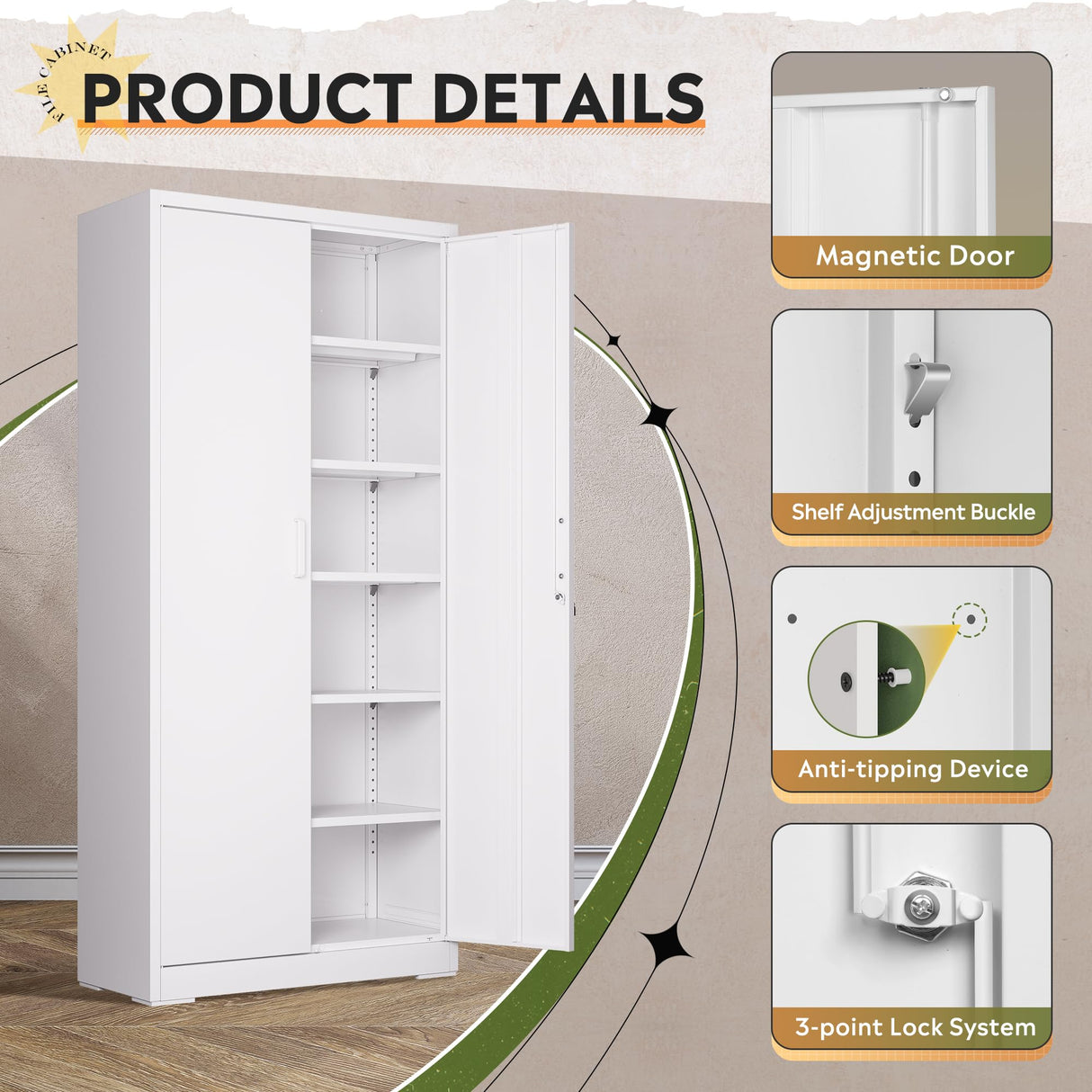 DEVAISE Garage Storage Cabinet, Metal Storage Cabinet with 2 Doors and 5 Adjustable Shelves, 71'' Lockable Steel File Cabinet, White Storage Cabinet for Home, Office, Garage, Shool, Gym DEVAISE