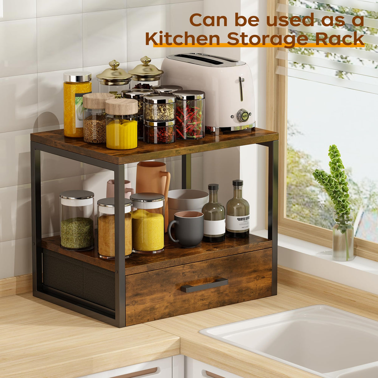 Homeiju Printer Stand for Desk, 2 Tier Printer Stand with Storage,Printer Stand with Drawer,Multi-Purpose Desktop Printer Stand,Heavy Duty Desk Shelf/Desk Organizer for Home Office Homeiju