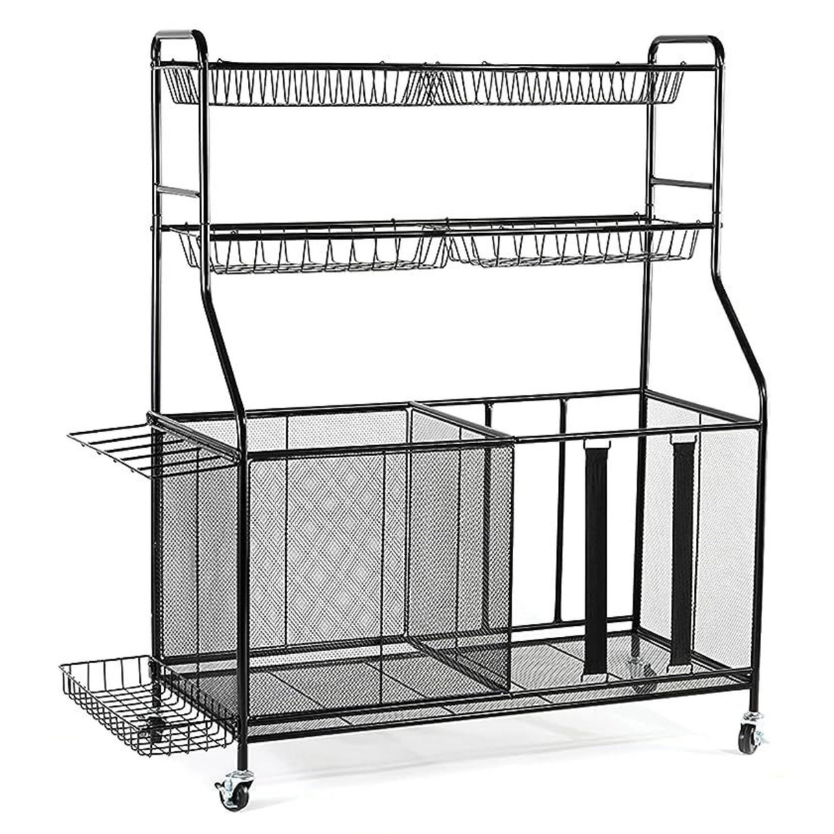 HOME IT Garage Sports Equipment Organizer - Garage Ball Storage Rack Organizer Holder with Baskets, Rolling Wheels & Breaks - Large Capacity Heavy Duty Steel Ball Storage Cart HOME IT