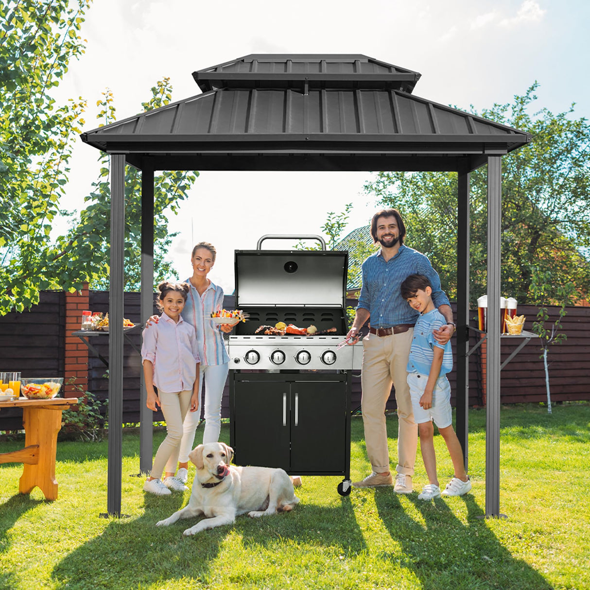 MELLCOM 8' x 6' Grill Gazebo, Outdoor Patio Gazebo with Galvanized Steel Double Roof, Hardtop Barbecue Gazebo with 2 Side Shelves and Ceiling Hook for Deck Lawn Backyard Garden (Black) MELLCOM