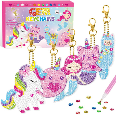 BANBBUR Arts and Crafts for Kids Ages 8-12,5PCS Double Sided Diamond Art Keychains,5D Gem Art for Kids Ages 4-8 Girls Birthday Gifts, BAKY5 BANBBUR