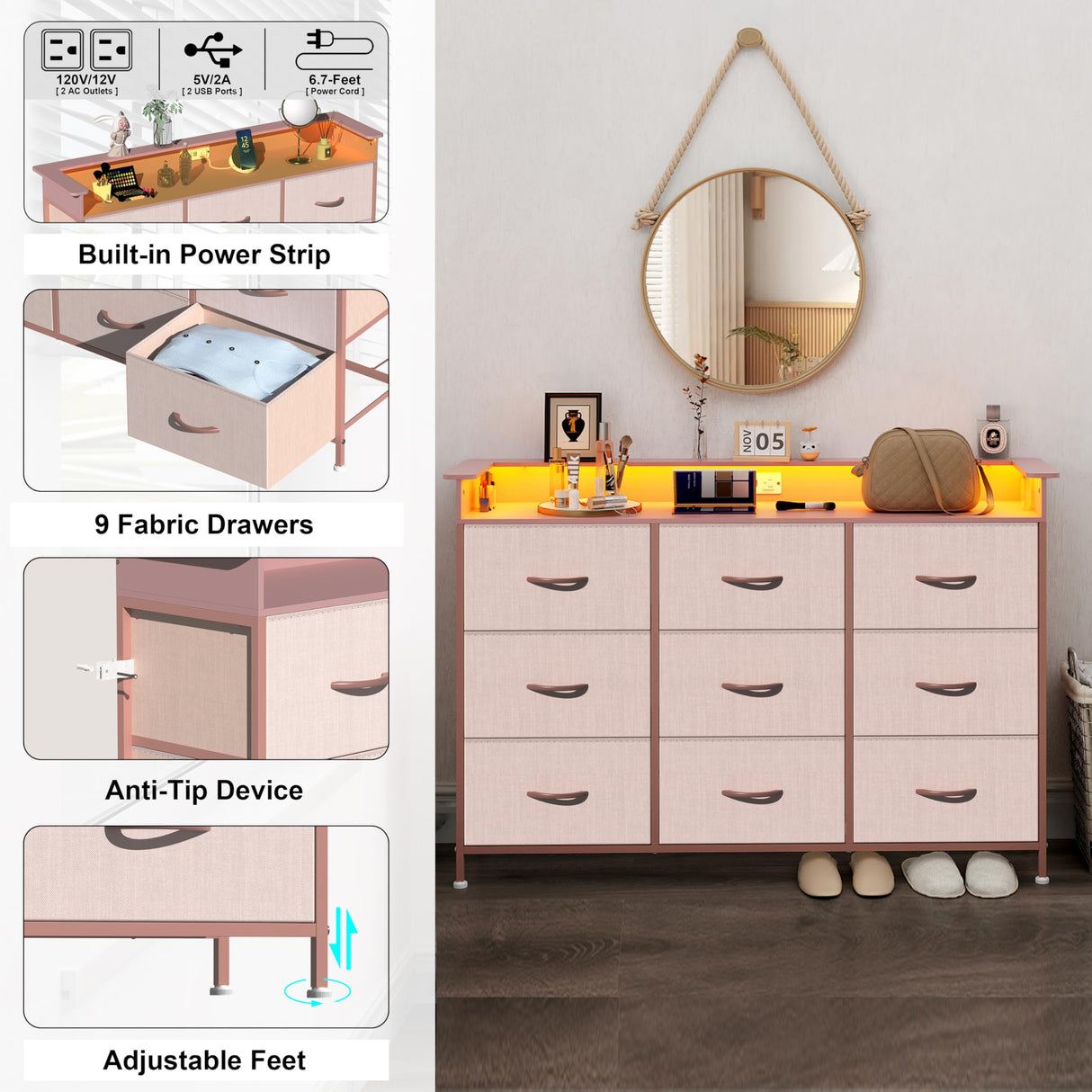 EXOTICA Pink Dresser with LED Light for Girls Bedroom 9 Drawer Dressers with Charging Station Chests of Drawers for Living Room Entryway Closet Hallway Sturdy Steel Frame Wooden Top Easy Pull Handle EXOTICA