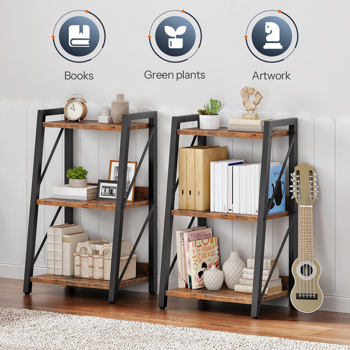 HOOBRO Ladder Shelf, 3-Tier Bookshelf, Corner Bookcase, Freestanding Storage Shelf Display Organizer, for Living Room, Bedroom, Home Office, Kitchen, Rustic Brown and Black BF303CJ01 HOOBRO