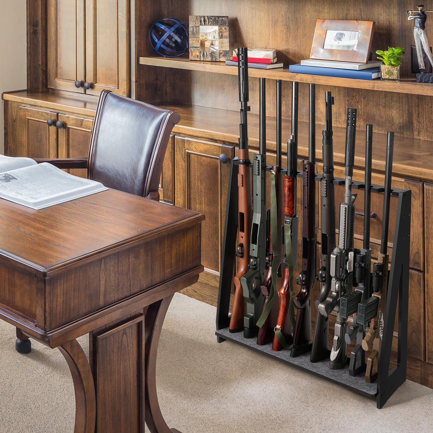 ikkle Gun Rack, Freestanding Rifle Racks, Heavy Duty Wooden Shotgun Rack Indoor, Adjustable Rifle Storage Holder with Soft Padding, Vertical Gun Display Stand - Holds up to 9 Long Guns - WoodArtSupply