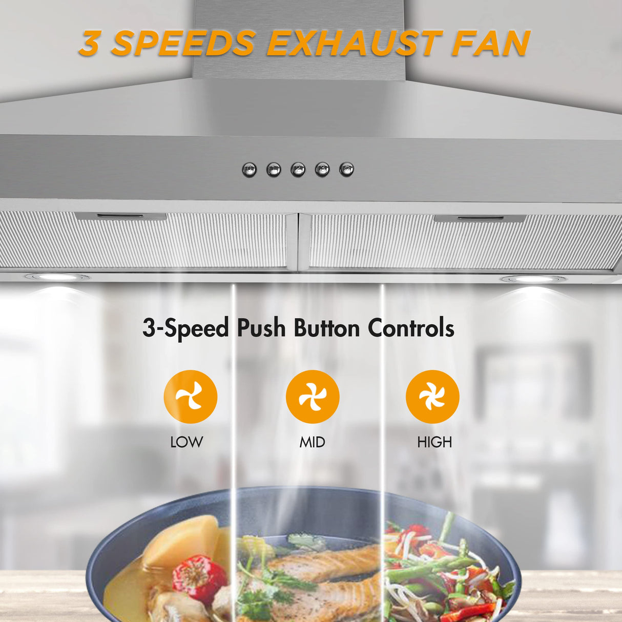 FIREGAS Wall Mount Range Hood 30 inch, 400 CFM Stainless Steel Stove Vent Hood with 3 Speed Exhaust Fan, Ducted/Ductless Convertible Duct kitchen hood, LED Lights, Push Button, Charcoal Filters FIREGAS