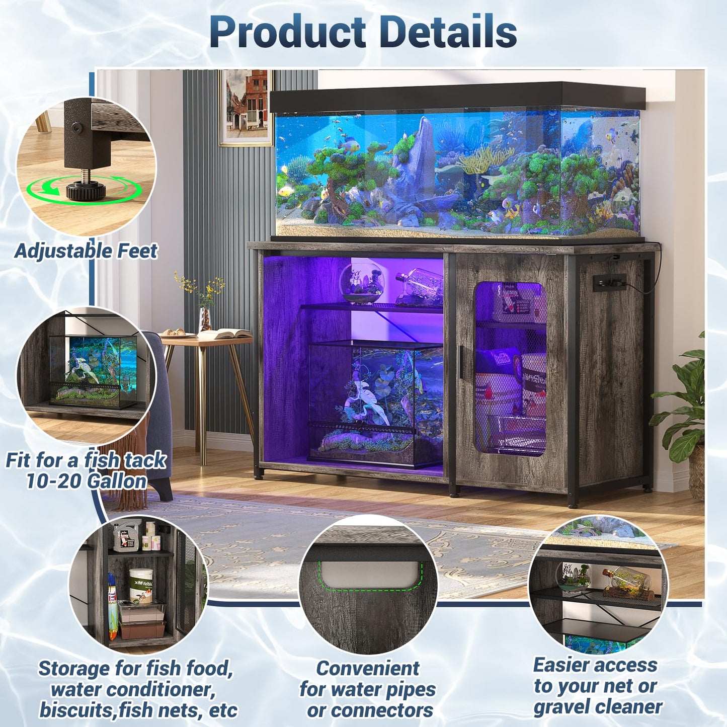 Unikito 55-75 Gallon Aquarium Stand with Power Outlets & LED Light, Reversible Fish Tank Stand with Cabinet for Fish Tank Accessories Storage, Heavy Duty Metal Frame, 880LBS Capacity, Black O - WoodArtSupply