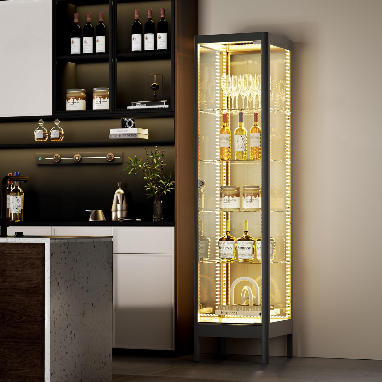 Desirable Life 5-Tier Glass Display Cabinet with 13 Color LED Lights & Lock, 63" Curio Cabinet with Glass Doors & Adjustable Shelves, Lighted Display Case for Collectibles Figures Trophy - Black Desirable Life