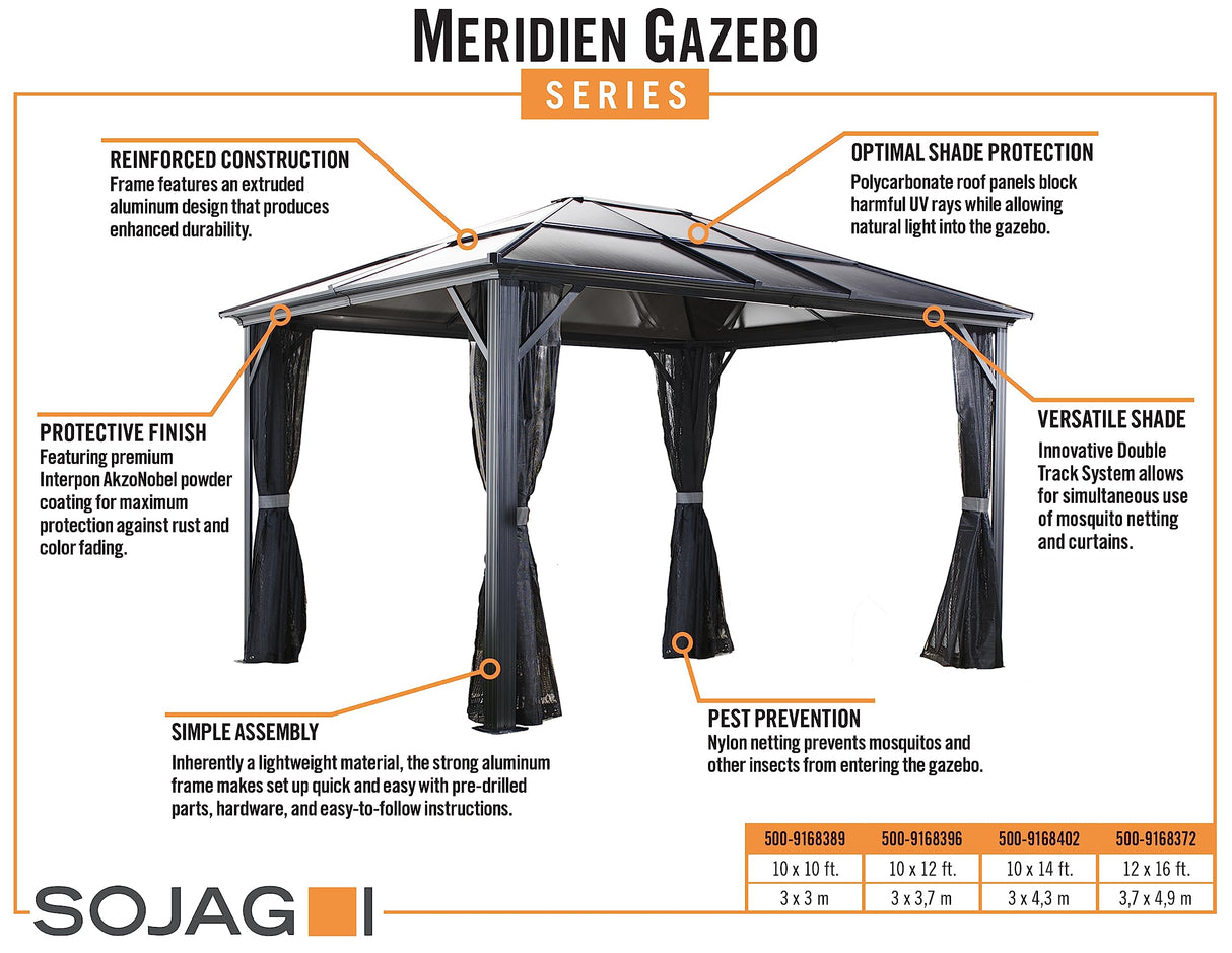 Sojag 500-5157871 Meridien Hardtop Gazebo Outdoor Sun Shelter, 12' by 16', Charcoal Sojag
