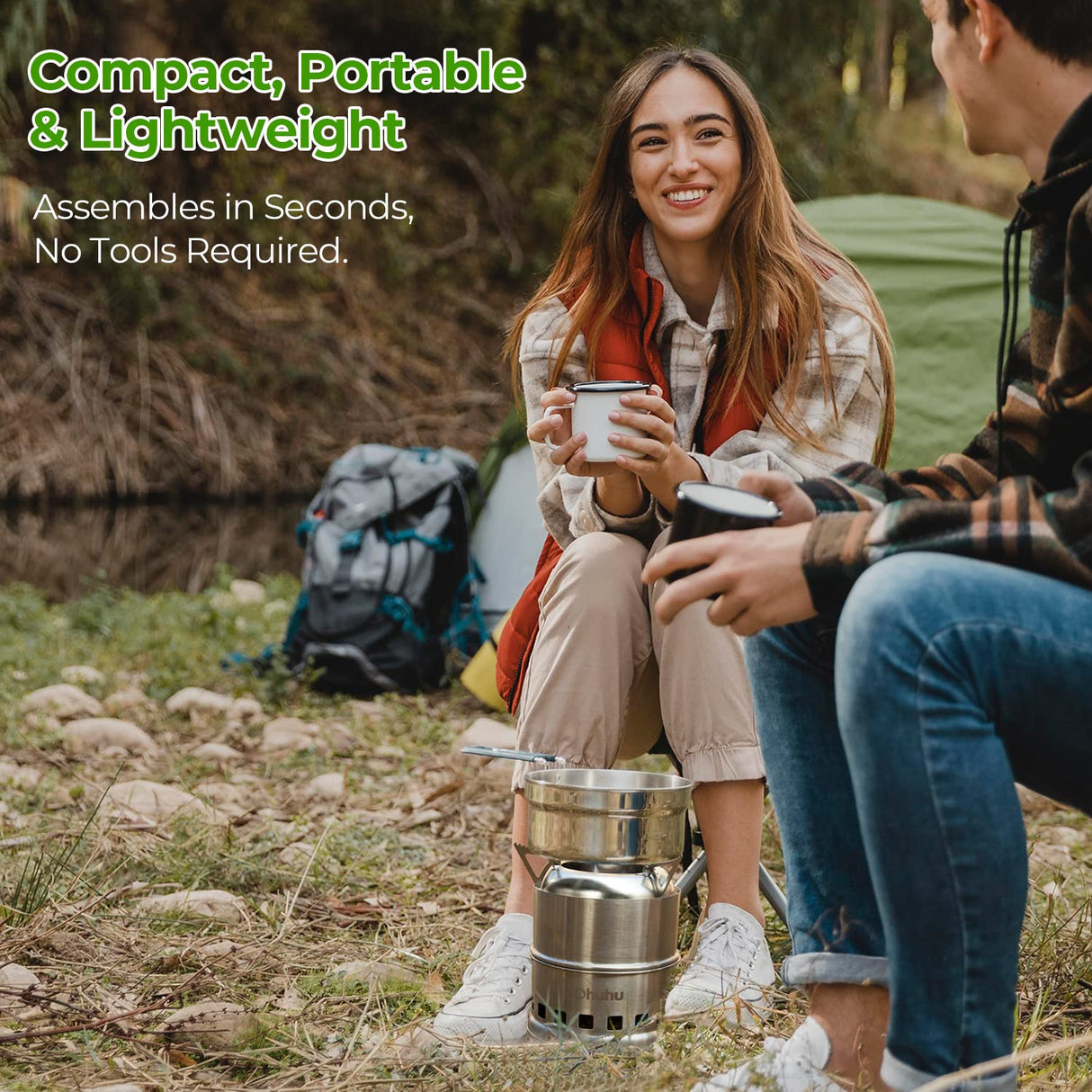 Camping Stove, Ohuhu Camp Stove Wood Burning Stove Stainless Steel Stoves Mini Portable Stove for Camping Picnic BBQ Backpacking Hiking Survival Emergency Cooking Outdoor with Grill Grid Carry Bag Ohuhu