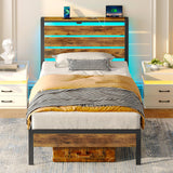 Rolanstar Bed Frame Twin Size with USB Charging Station, LED Bed Frame with Wood Storage Headboard, Rustic Brown Metal Platform Bed with Under Bed Storage, No Box Spring Needed, Noise Free Rolanstar