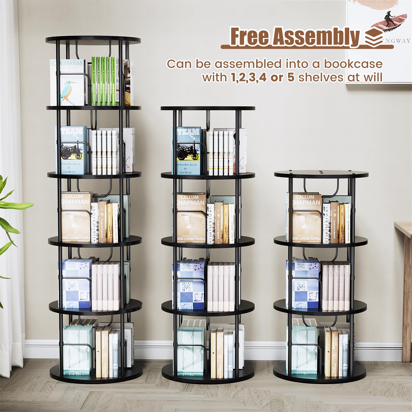 ALLSTAND 5-Tier 360° Rotating Black Bookshelf – Space-Saving Swivel Tower for Home Storage - WoodArtSupply