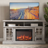 BELLEZE Traditional 58" Rustic TV Stand with 23" Electric Fireplace Heater with Sound, Media Entertainment Center Console Table for TV up to 65" with Open Storage Shelves and Cabinets - Grey Wash BELLEZE