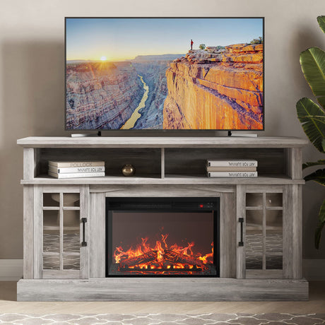 BELLEZE Traditional 58" Rustic TV Stand with 23" Electric Fireplace Heater with Sound, Media Entertainment Center Console Table for TV up to 65" with Open Storage Shelves and Cabinets - Grey Wash BELLEZE