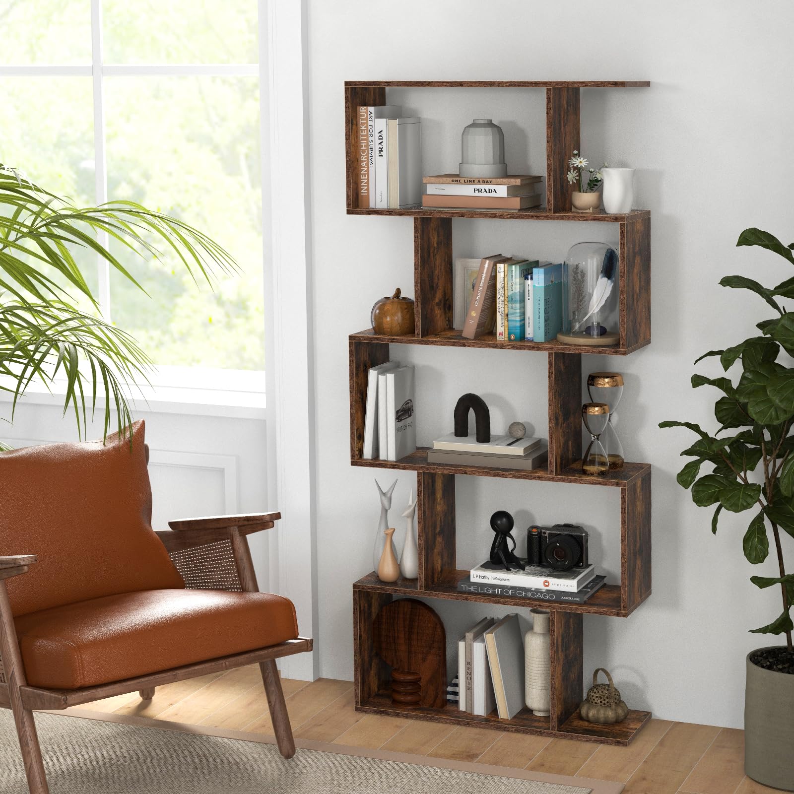 Tangkula 5-Tier S-Shaped Bookshelf - Rustic Brown Geometric Display & Room Divider - WoodArtSupply