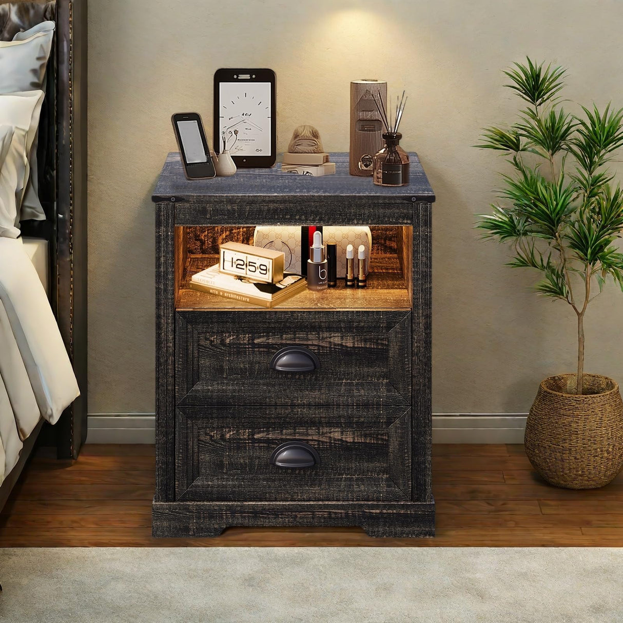 FONTOI Farmhouse Nightstand, End Table with Drawers & Charging Station, Bedside Table with 3 LED Lights Modes, Wood Nightstand with Smart Human Sensor for Bedroom, Brown, Set of 2 FONTOI