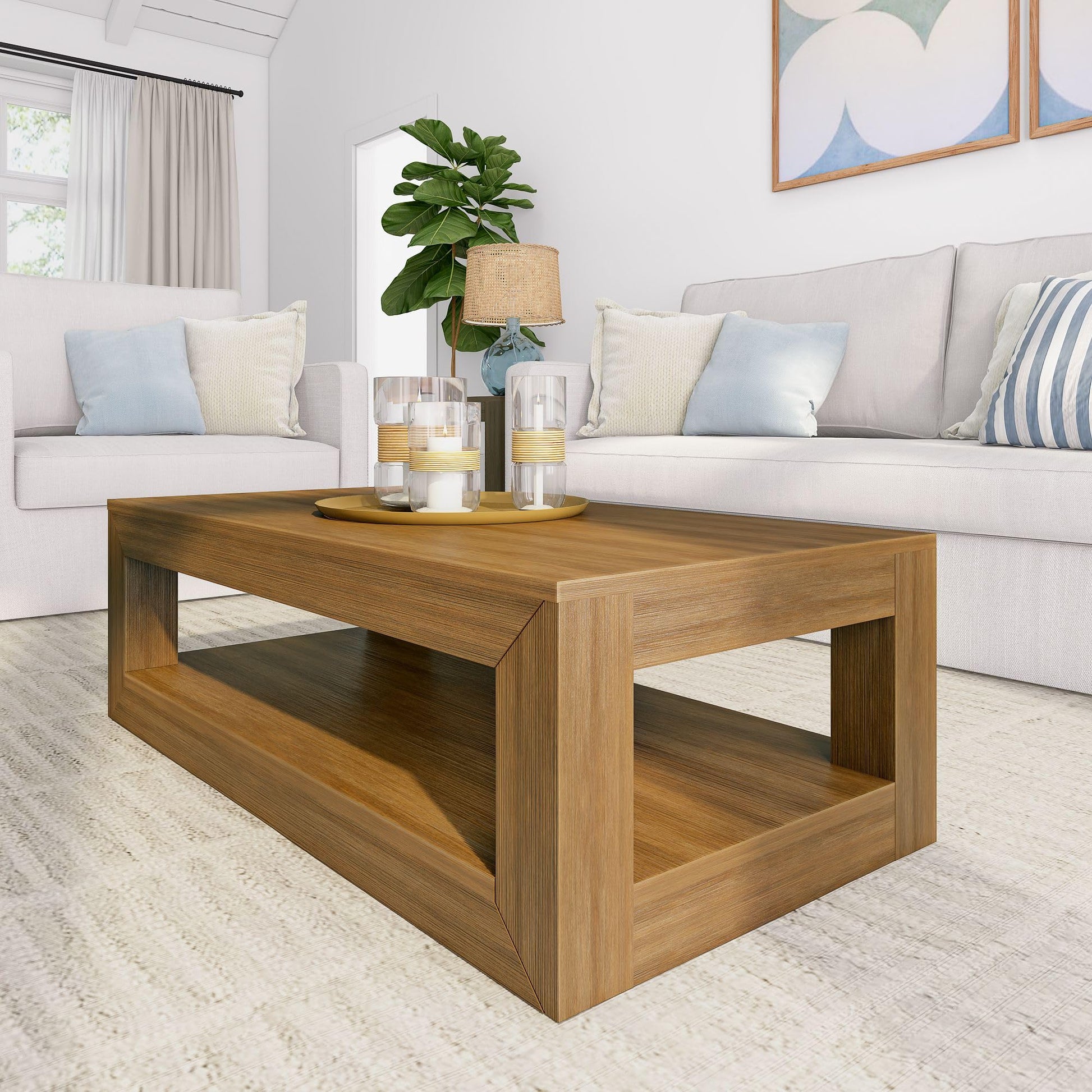 Plank+Beam Modern Rectangular Coffee Table with Shelf, Solid Wood, 40 Inch, Center Table with Storage, 2 Tier Tea Table for Living Room, Pecan Wirebrush - WoodArtSupply