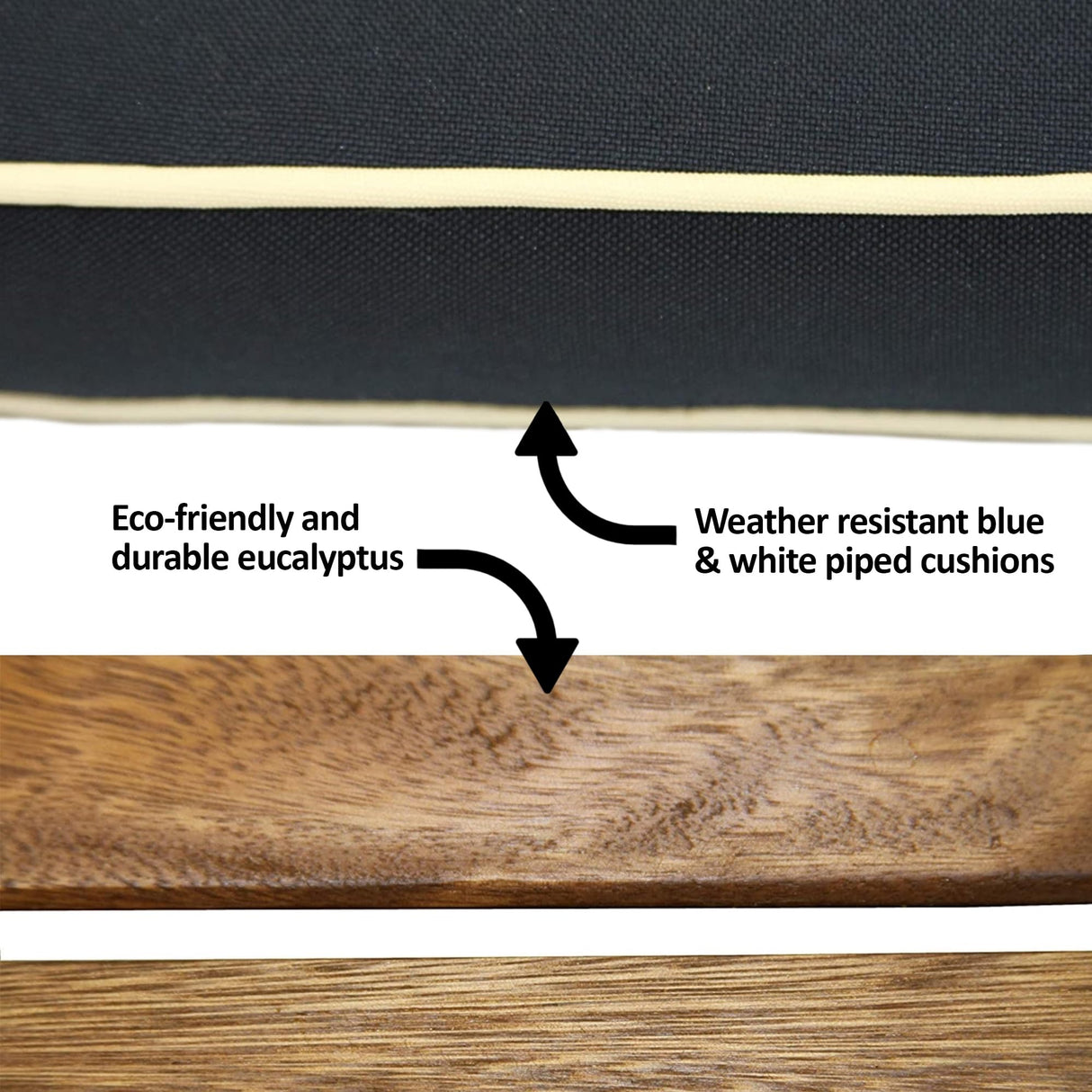 Outdoor Interiors Eucalyptus Wood 3-Piece Square Foldable Bistro Outdoor Furniture Patio Set, Table and 2 Chairs with Cushions, Blue Outdoor Interiors