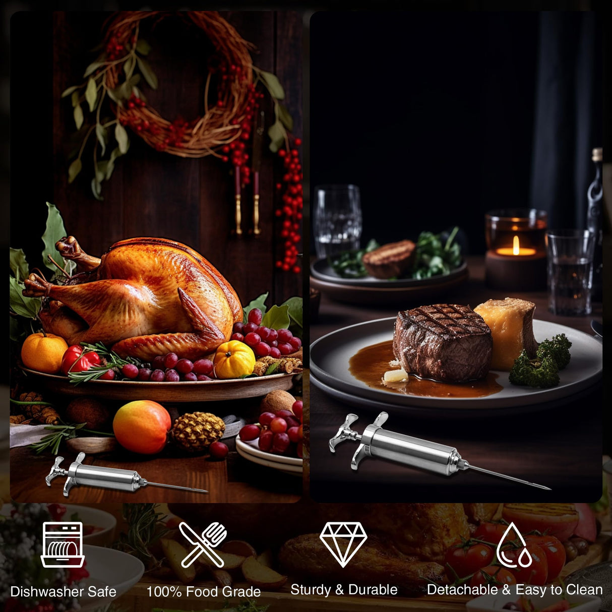 Dormercy Meat Injector Syringe Kit, Flavor Injector with 3 Marinade Needles, Stainless Steel Kitchen Food Injection Syringe for Turkey Cooking Dormercy