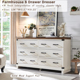 T4TREAM Farmhouse 6 Drawers Dresser for Bedroom, 54" Wide Wood Chest of Drawers w/Natural Texture & Metal Handle, Rustic Storage Dressers Organizer for Living Room, Hallway, Antique White T4TREAM