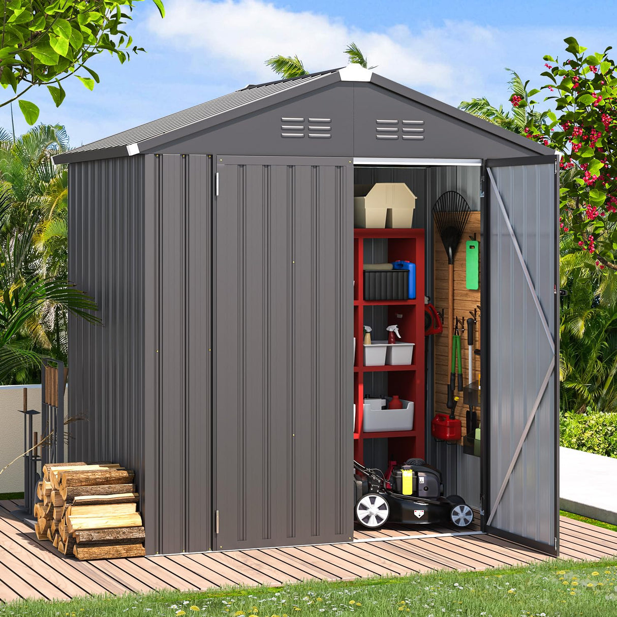 AECOJOY Shed 6' x 4' Storage Shed, Dark Grey Metal Sheds & Outdoor Storage Clearance, Utility and Tool Garden Shed with Lockable Doors for Backyard, Patio, Outside Use AECOJOY
