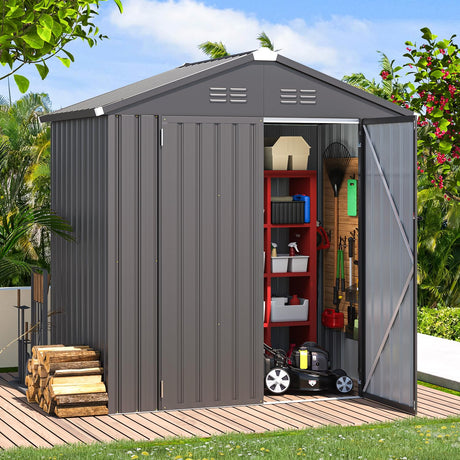 AECOJOY Shed 6' x 4' Storage Shed, Dark Grey Metal Sheds & Outdoor Storage Clearance, Utility and Tool Garden Shed with Lockable Doors for Backyard, Patio, Outside Use AECOJOY