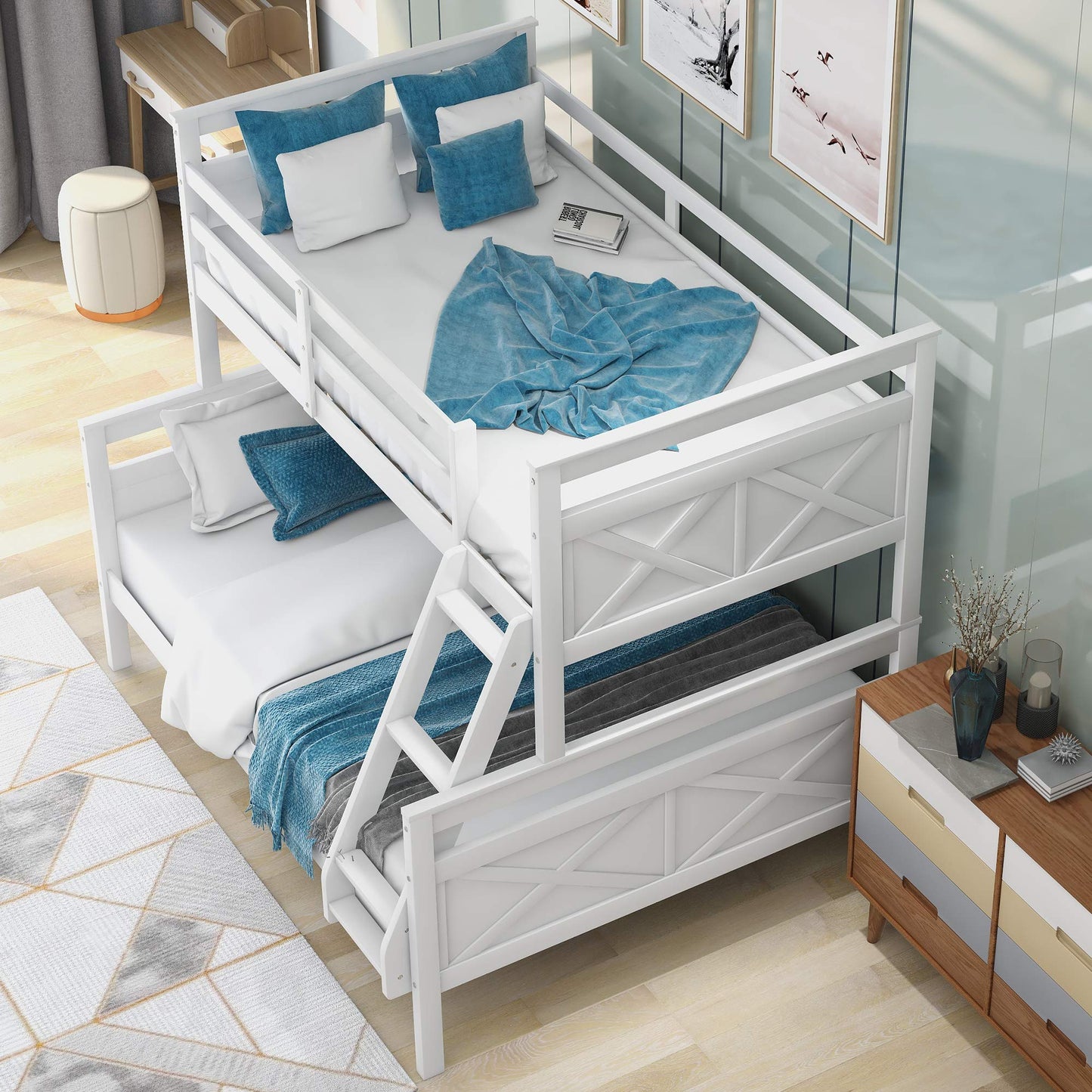 Merax Convertible Twin Over Full Bunk Bed with Ladder and Safety Guardrail in White - WoodArtSupply