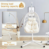 Hanging Egg Chair with Stand, Outdoor Swing Chair with Cushion and Headrest, Rattan Hammock Egg Chair for Backyard, Balcony, Indoor, 300lbs Capacity, White JEARGE