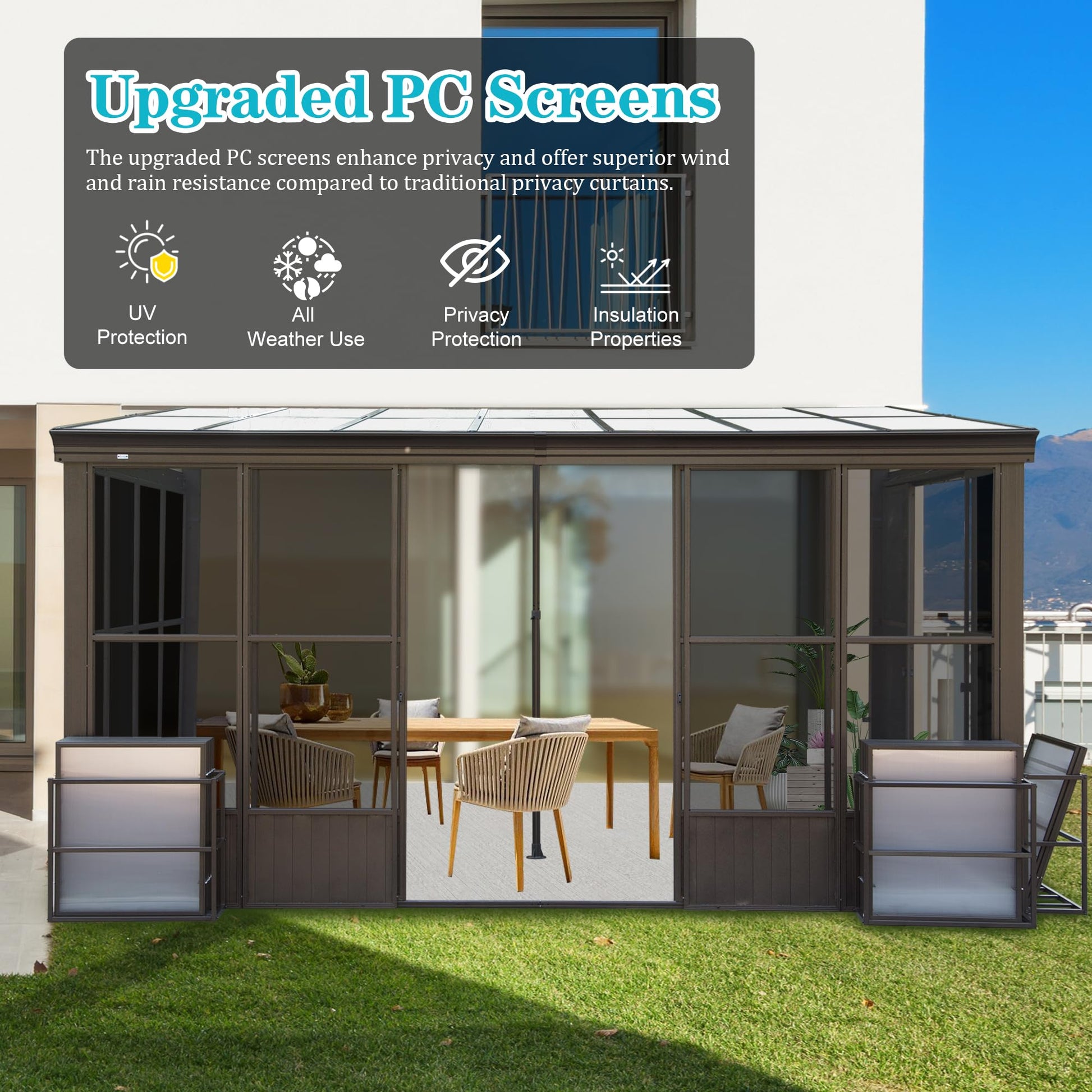 SHPAI 10x12FT Wall Mounted Sunroom, Outdoor Permanent Lean-to Solarium with Detachable Polycarbonate Roof, 2 Lockable Sliding Doors, Aluminum Gazebo Against The Wall Sun Room for Garden Patio - WoodArtSupply